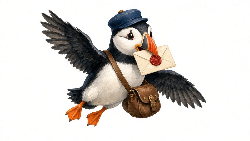 Penny the Post-Puffin — PostmarkClub character illustration