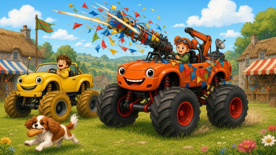The Mud Crew's monster trucks in the village of Muddlebrook